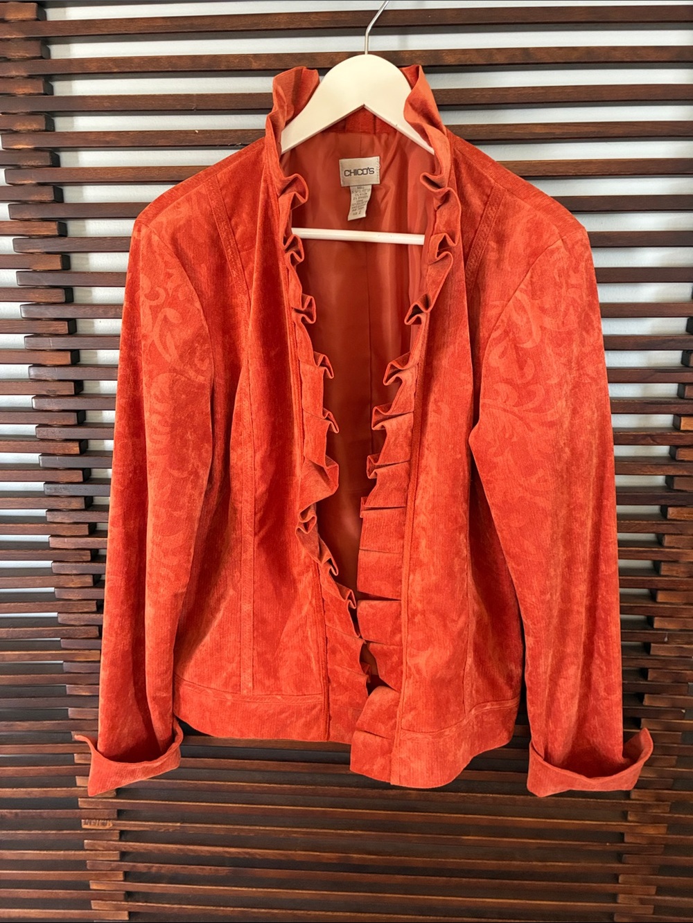 🎉NEW LISTING!🎉Chico's Rust Orange Ruffle Faux Suede Blazer